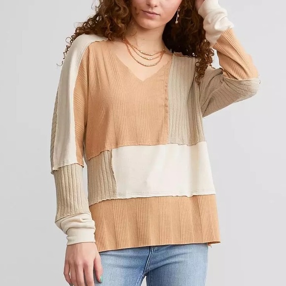 BKE Tops - BKE Buckle Pierced Raw Edge Top Boho Patchwork Long Sleeve Tee Tan Beige XXL